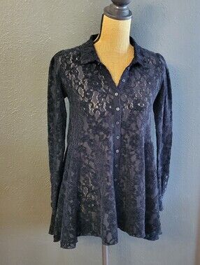 Free People Black Polyester Lace Long Sleeve Tunic Top Hi/Lo Hem XS